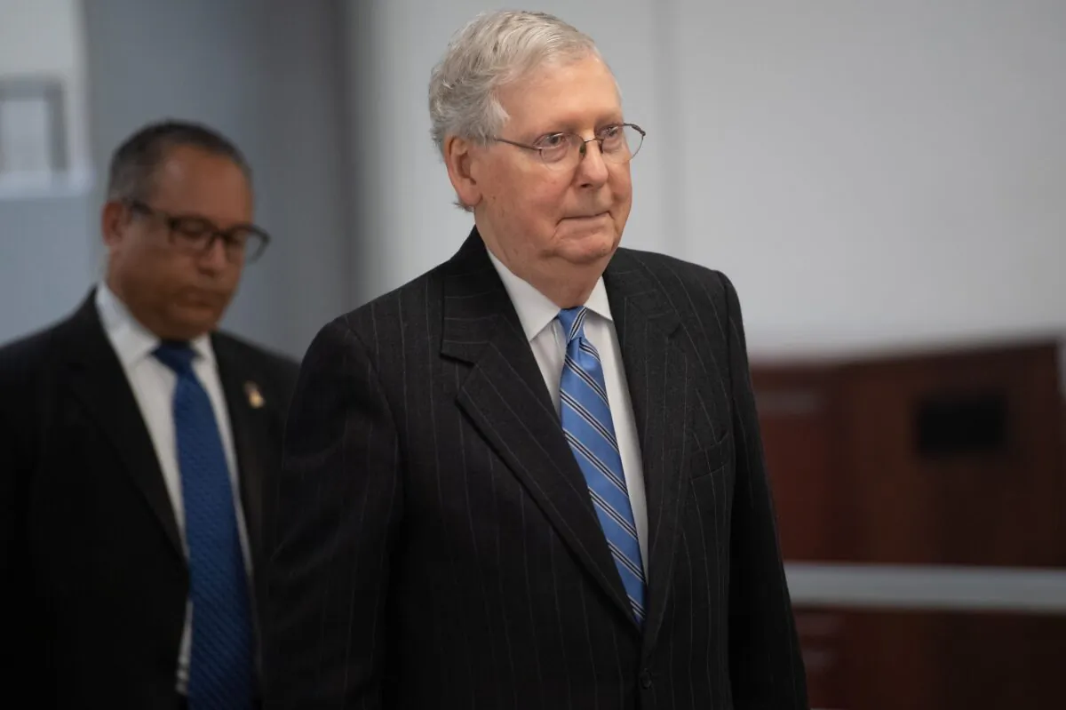 Senate Majority Leader Mitch McConnell leaves during a break in votes related to a bill in response to the CCP virus at the US Capitol in Washington on March 18, 2020. (Saul Loeb/AFP/Getty Images)