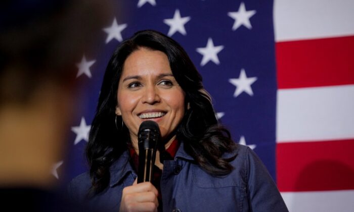 Then-Democratic presidential candidate, and then-representative for Hawaii, Tulsi Gabbard speaks during a campaign event in Lebanon, N.H., on Feb. 6, 2020. (Brendan McDermid/Reuters)