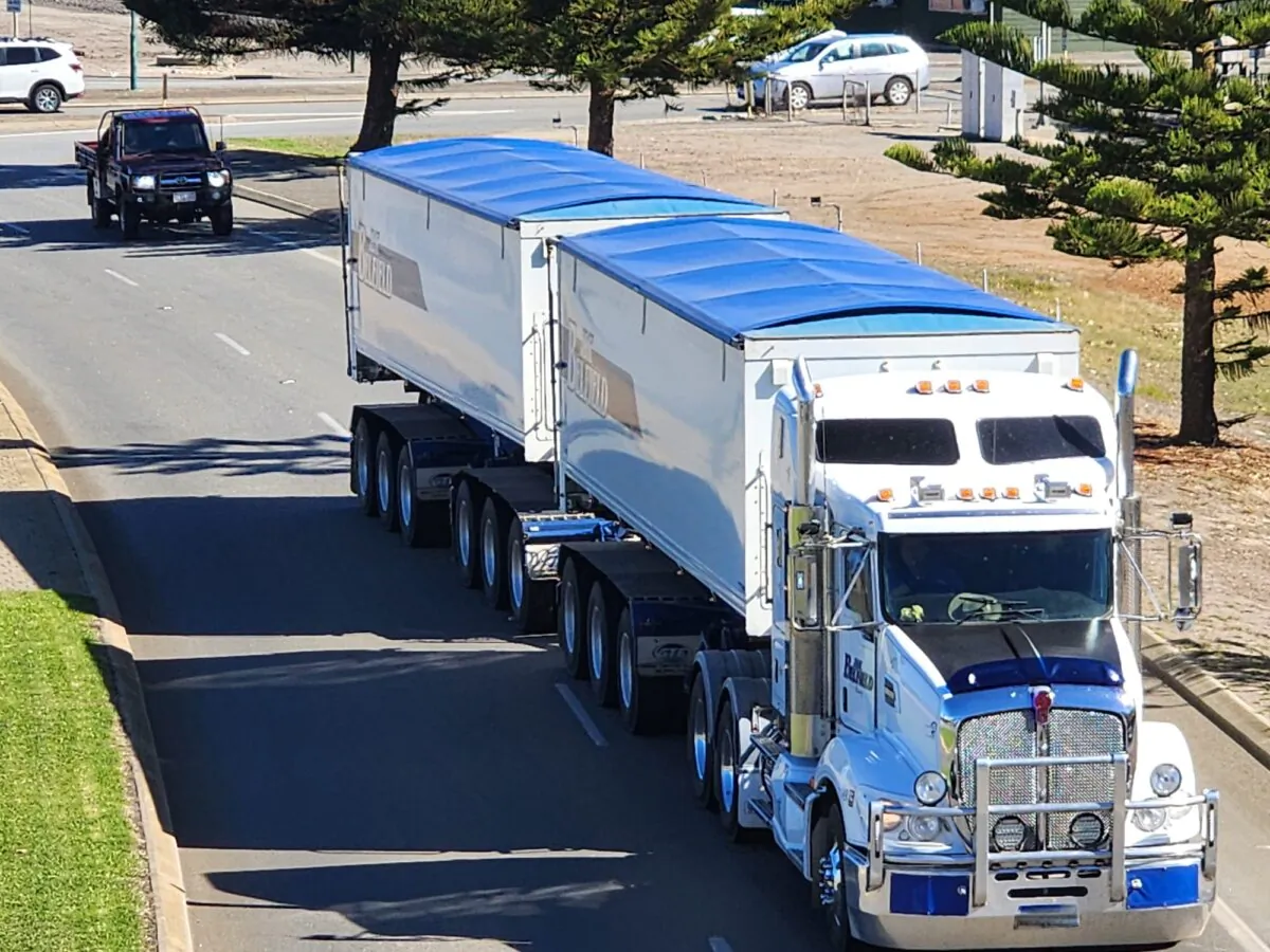 A truck drives on a road in Albany, Western Australia, on April 19, 2024. (Susan Mortimer/The Epoch Times)