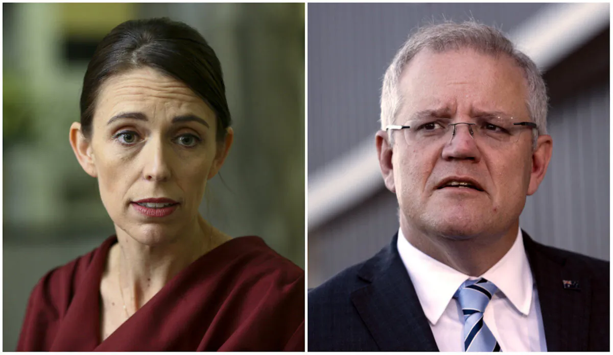 L: Prime Minister Jacinda Ardern looks on during a press conference in Wellington, New Zealand on March 17, 2020. (Hagen Hopkins/Getty Images) R: Prime Minister Scott Morrison attends the meeting of the Council of Australian Governments meeting in Sydney, Australia on March 13, 2020. (Brook Mitchell/Getty Images)