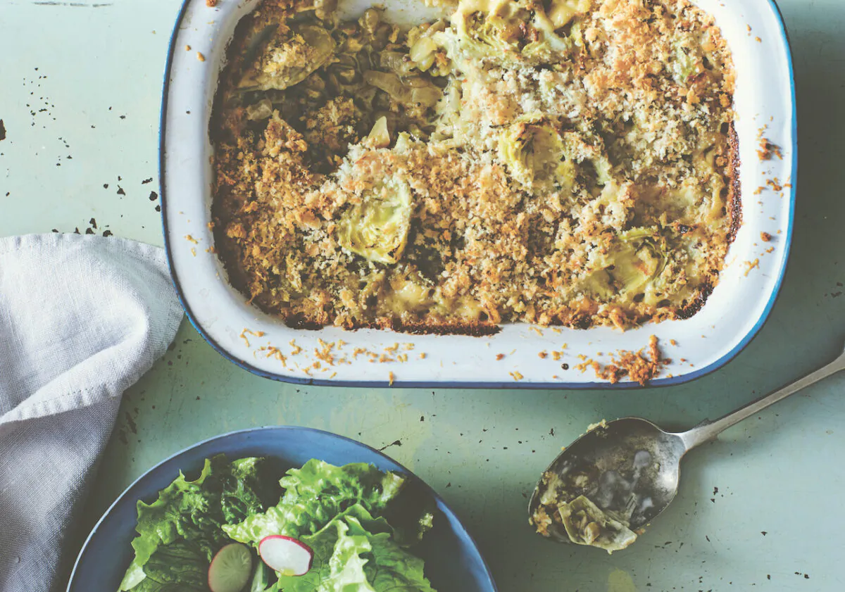 Flageolet bean and artichoke gratin. (Lizzie Mayson)