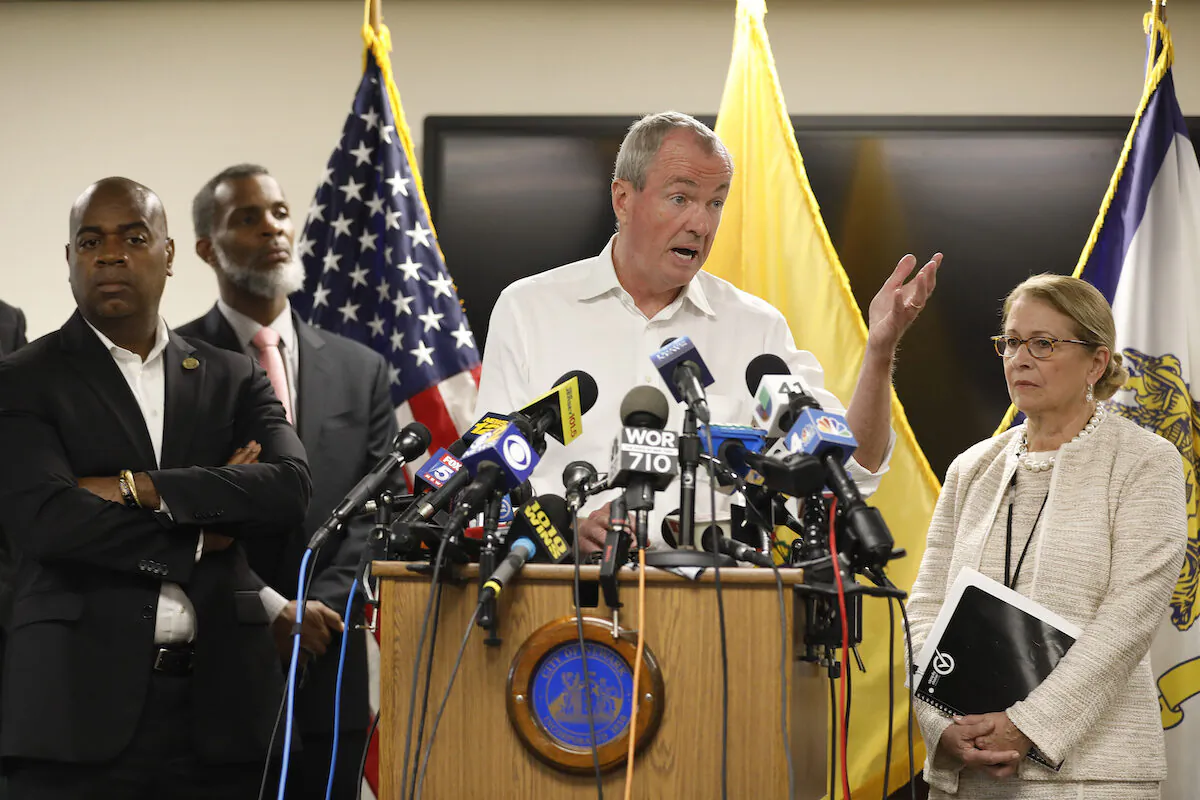 New Jersey Governor Phil Murphy speaks about Newark's ongoing water crisis during a press conference held at the Newark Health Department in Newark, New Jersey, on Aug. 14, 2019. (Rick Loomis/Getty Images)