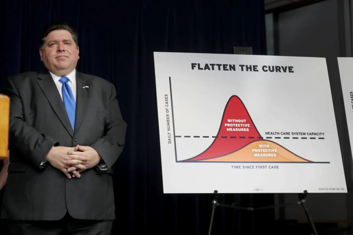 Illinois Gov. J.B. Pritzker listens to a question after announcing a shelter-in-place order to combat the spread of the CCP virus, during a news conference in Chicago on March 20, 2020. (Charles Rex Arbogast/AP Photo)