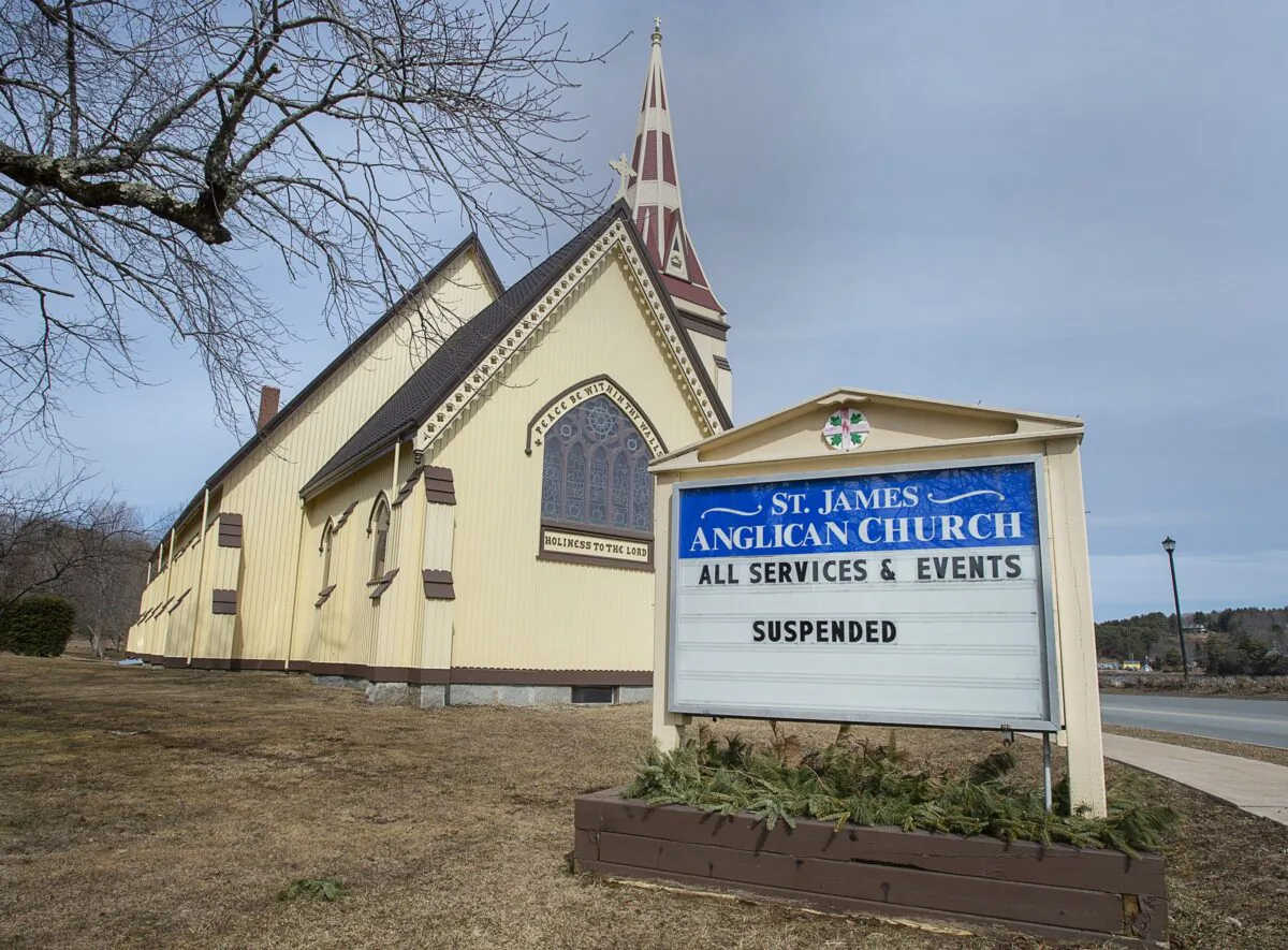 St. James Anglican Church is seen in Mahone Bay, N.S., on March 19, 2020. Clergy across Canada are moving services to the digital world as they adapt to support their congregations amid the global COVID-19 pandemic that has seen governments restrict physical contact and large gatherings of people. (The Canadian Press/Andrew Vaughan)
