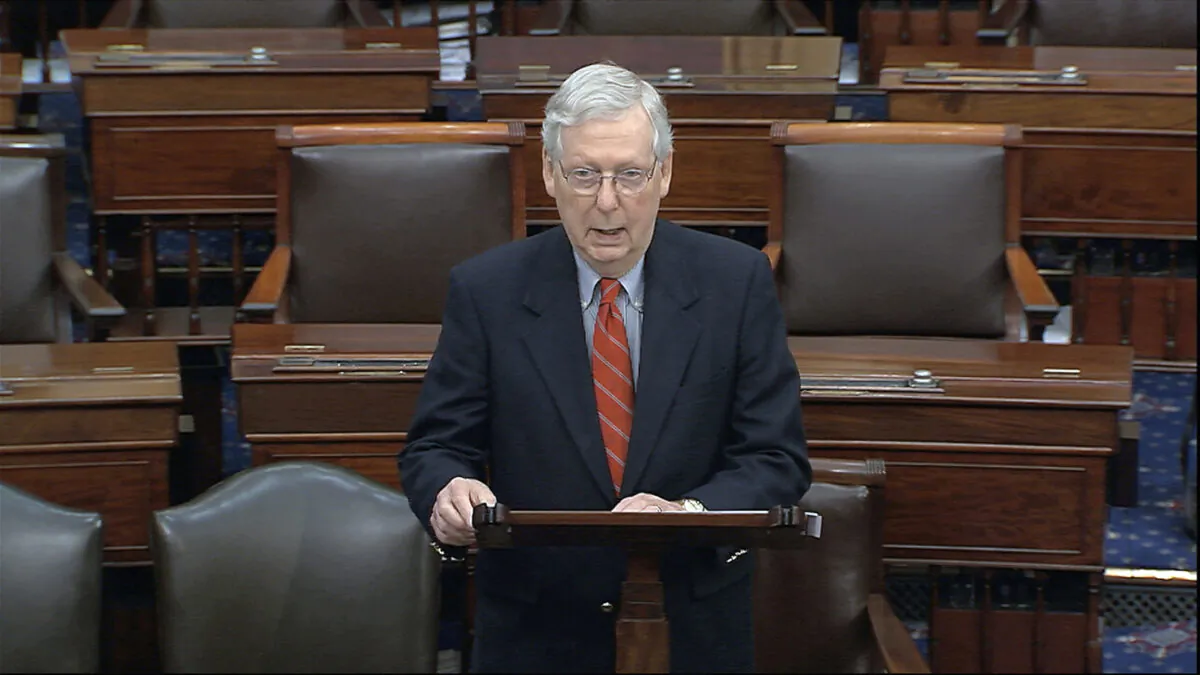 Senate Majority Leader Mitch McConnell (R-Ky.) speaks on the Senate floor at the U.S. Capitol in Washington on March 21, 2020. (Senate Television via AP)