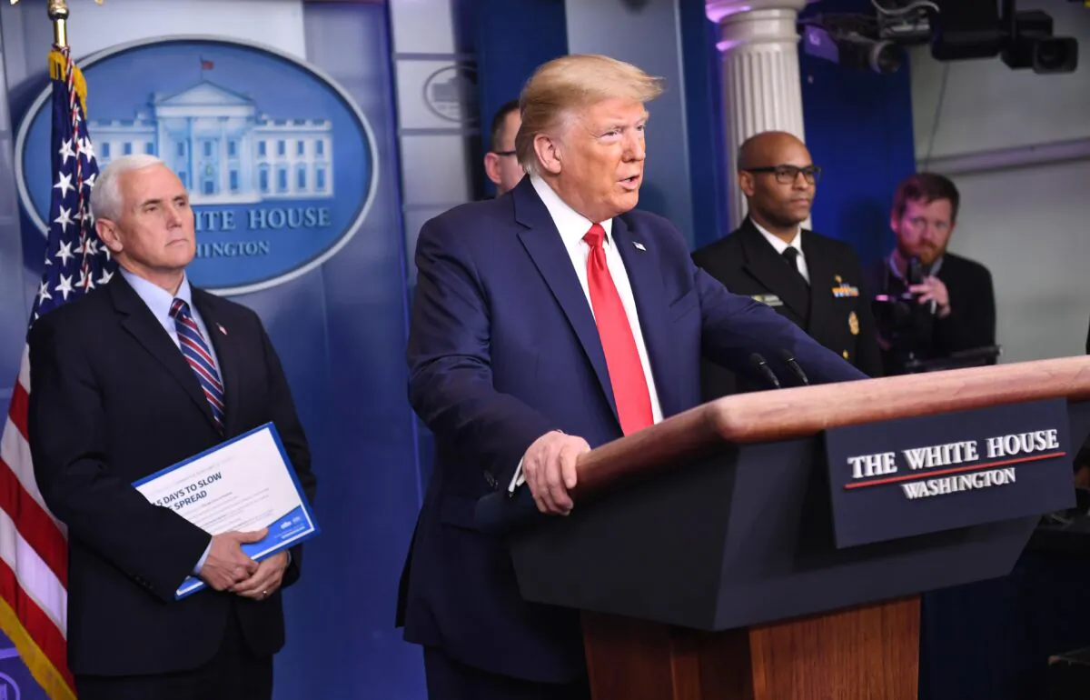 President Donald Trump speaks during the daily briefing on the CCP virus, commonly known as the novel coronavirus, at the White House in Washington, on March 22, 2020. (Eric Baradat/AFP via Getty Images)