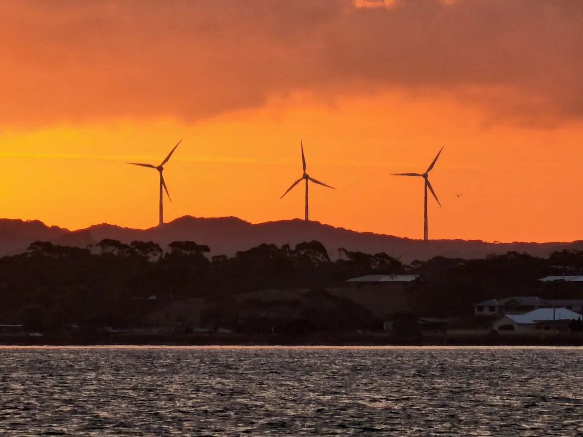 Wind turbines at Albany Wind Farm at sunset in Albany, Western Australia, on Jan. 22, 2024. (Susan Mortimer/The Epoch Times)