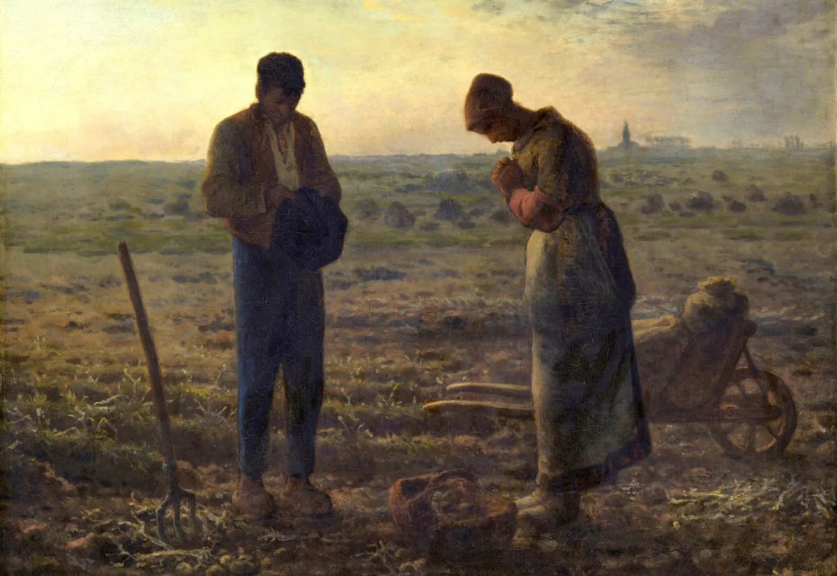 “The Angelus” by Jean-François Millet depicts a man and woman taking a moment to pray, a welcome respite from the work of digging potatoes. (Public Domain)