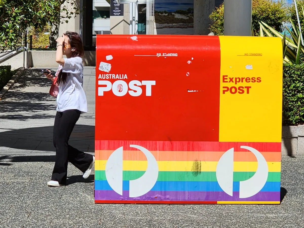 An Australia Post mailing box with an LGBT rainbow flag is seen in Perth, Western Australia, on March 23, 2024. (Susan Mortimer/The Epoch Times)