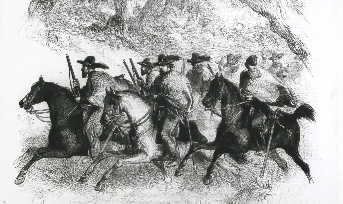 Texas Rangers (Federalists) reconnoturing between Alexandria and Fairfax, Virginia. (Hulton Archive/Getty Images)