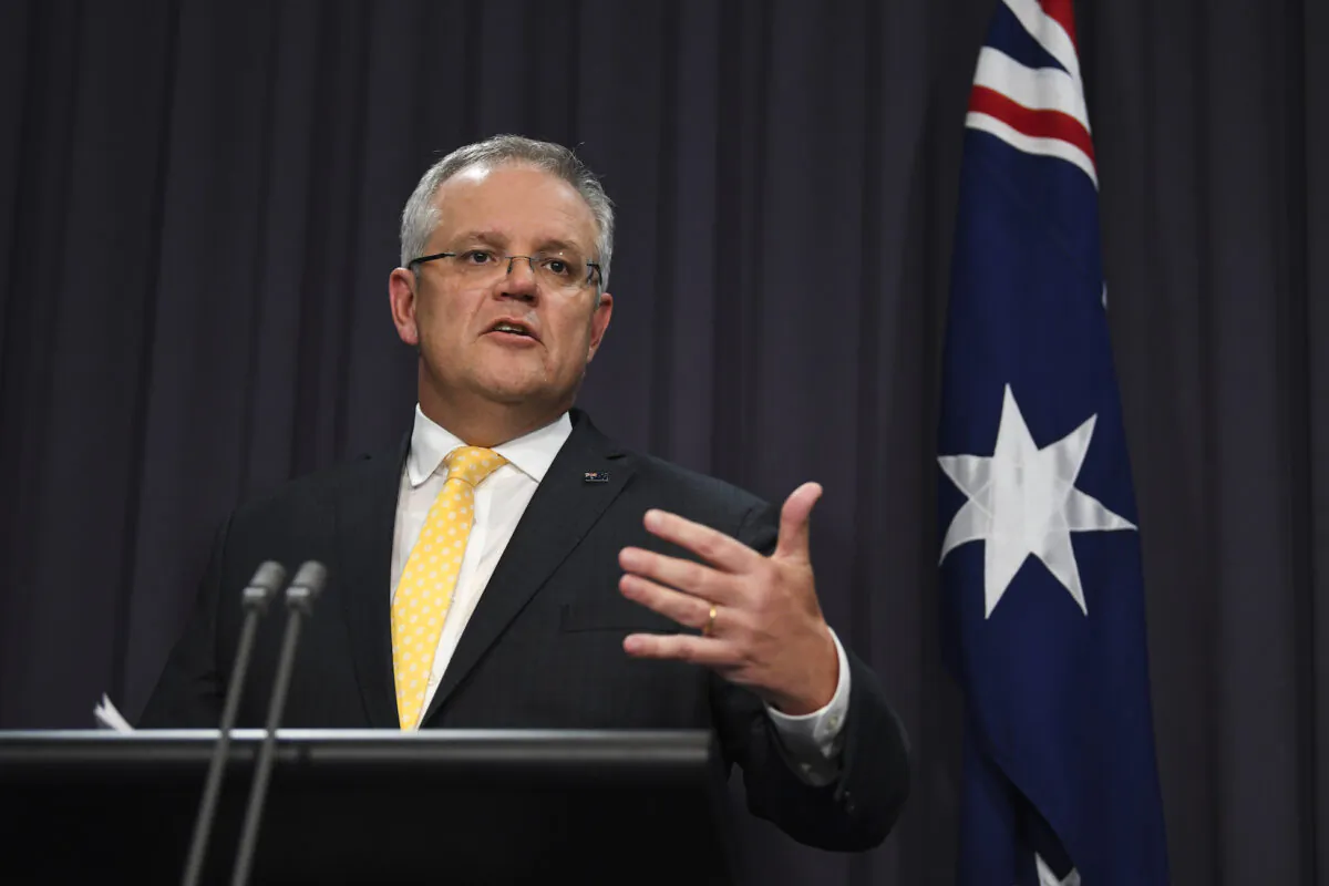 Australian Prime Minister Scott Morrison at a press conference at Parliament House in Canberra, Australia, on March 24, 2020. (Lukas Coch/Pool/Getty Images)