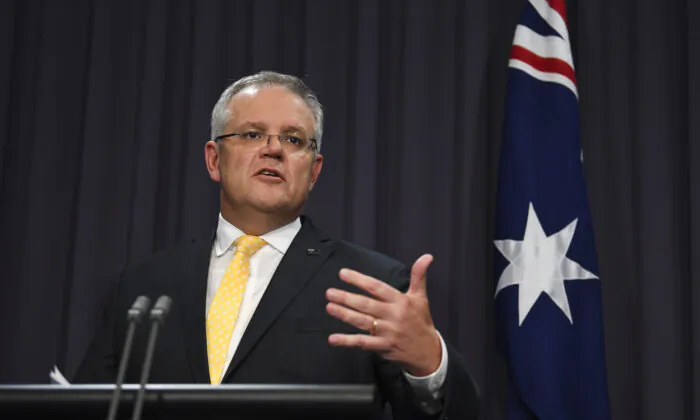Australian Prime Minister Scott Morrison addresses the media during a press conference at Parliament House in Canberra, Australia, on March 24, 2020. (Lukas Coch/Pool/Getty Images)