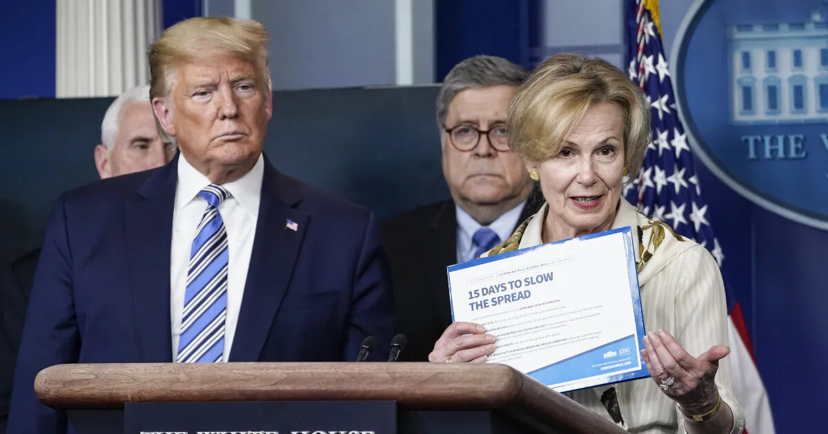 President Donald Trump reacts to White House coronavirus response coordinator Deborah Birx (R) as she speaks at the daily CCP virus briefing at the White House on March 23, 2020. (Drew Angerer/Getty Images)