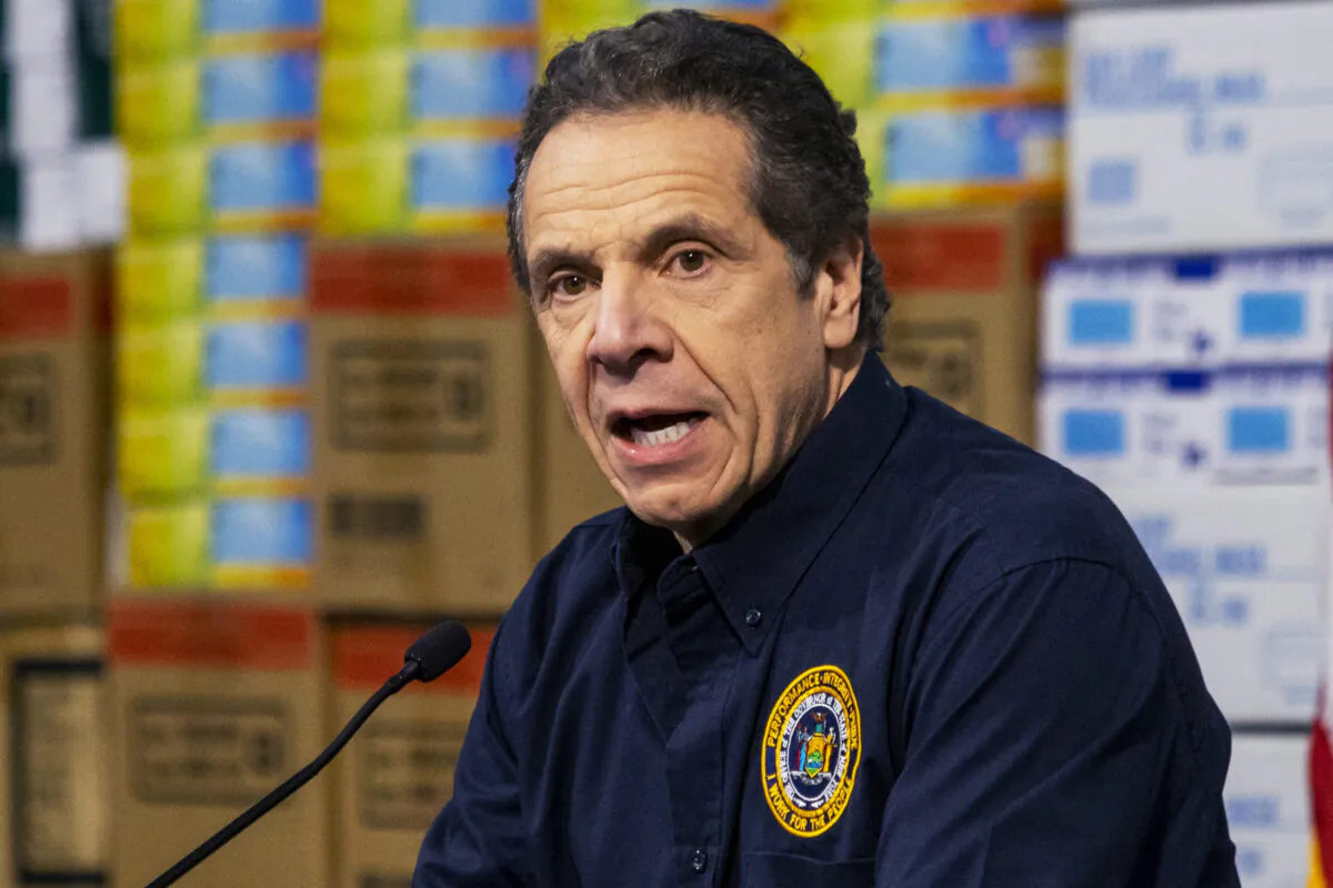 New York Gov. Andrew Cuomo speaks to the media at the Javits Convention Center which is being turned into a hospital to help fight coronavirus cases, in New York City on March 24, 2020. (Eduardo Munoz Alvarez/Getty Images)