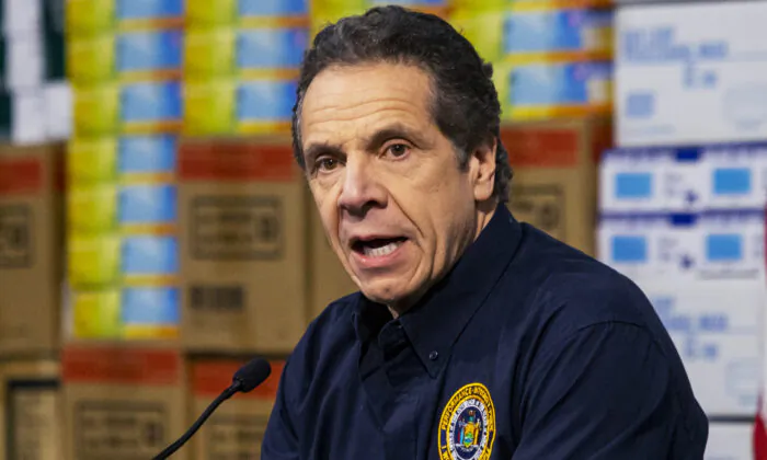 New York Gov. Andrew Cuomo speaks to the media at the Javits Convention Center which is being turned into a hospital to help fight coronavirus cases, in New York City on March 24, 2020. (Eduardo Munoz Alvarez/Getty Images)