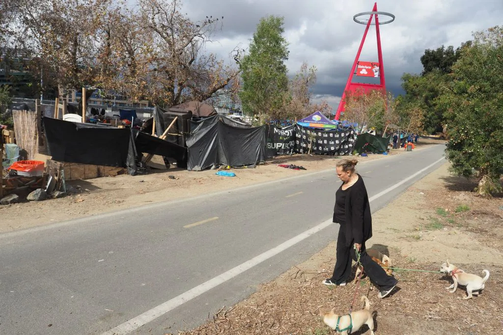 Homeless encampment resident Tammy Schuler walks her dogs beside a row of tents and tarps that line the Santa Ana River bicycle path in Anaheim, Calif., on Jan. 25, 2018. (Robyn Beck/AFP via Getty Images)