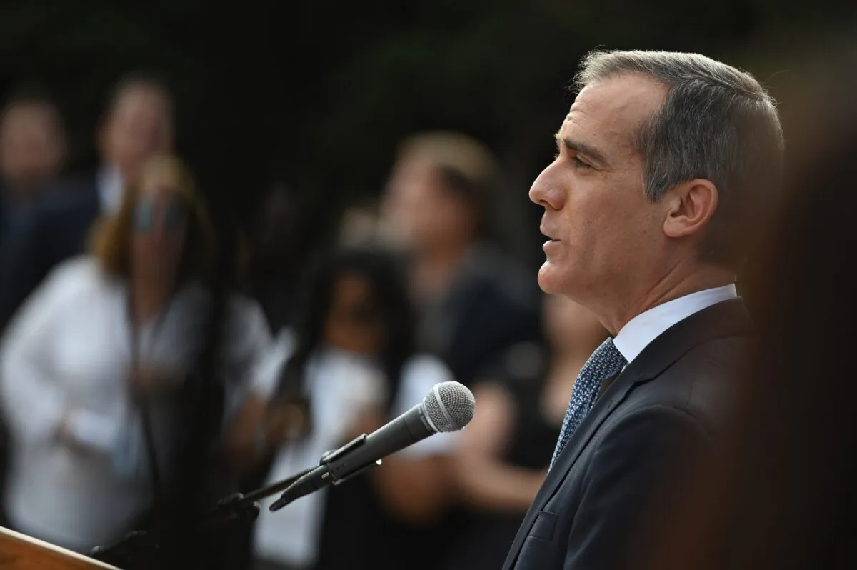 Los Angeles Mayor Eric Garcetti speaks during a press conference on March 4, 2020. (Robyn Beck/AFP via Getty Images)