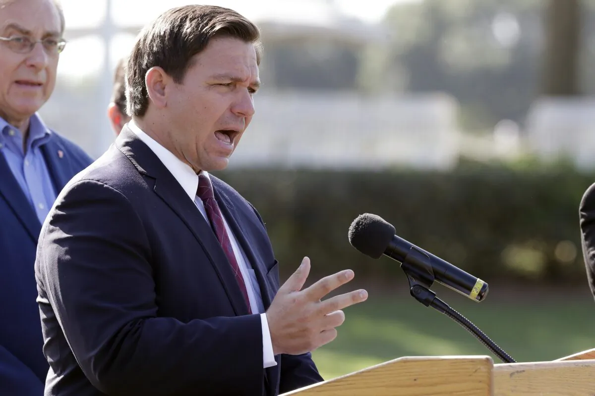 Florida Gov. Ron DeSantis delivers remarks during a press conference at a coronavirus mobile testing site in The Villages, Fla., on March 22, 2020. (John Raoux/AP Photo)