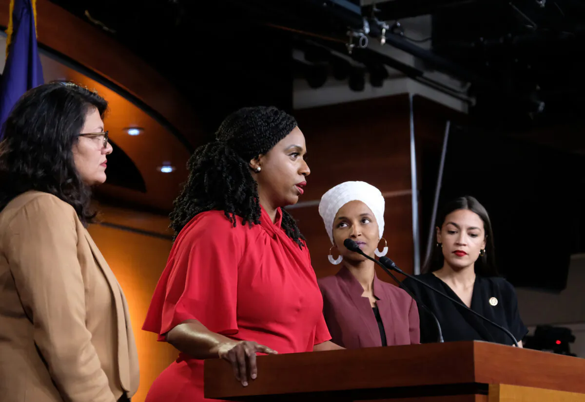 Rep. Ayanna Pressley (D-Mass.) speaks as Reps. Rashida Tlaib (D-Mich.), Ilhan Omar (D-Minn.), and Alexandria Ocasio-Cortez (D-N.Y.) listen during a news conference in Washington, on July 15, 2019. (Alex Wroblewski/Getty Images)