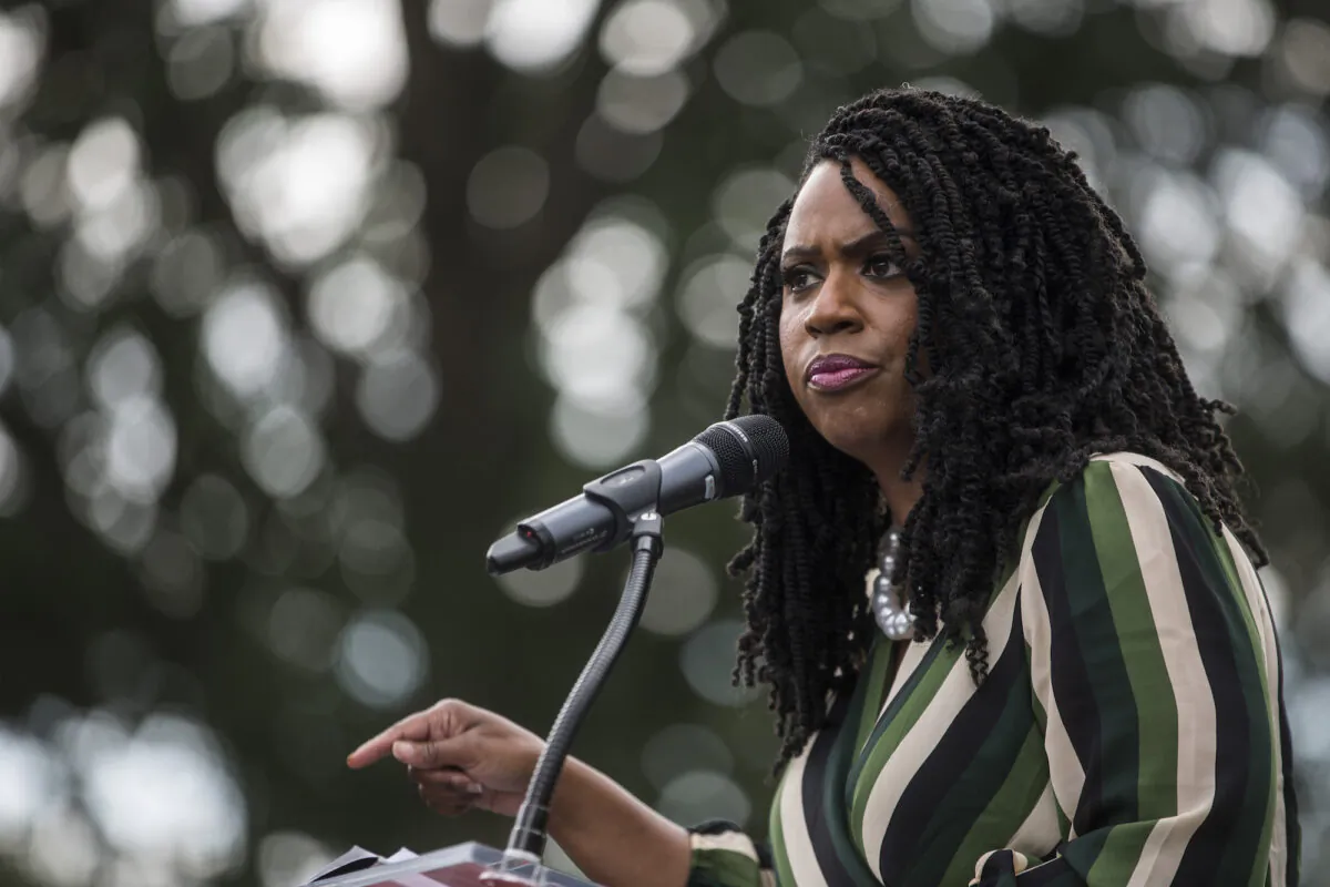 Rep. Ayanna Pressley (D-Mass.) speaks at a rally in Washington, on Sept. 26, 2019. (Zach Gibson/Getty Images)