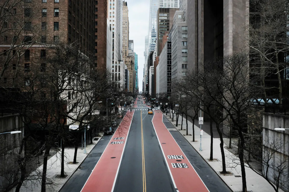 42nd Street stands mostly empty as as much of the city is devoid of cars and pedestrians over fears of spreading the CCP virus in New York City on March 22, 2020. (Spencer Platt/Getty Images)
