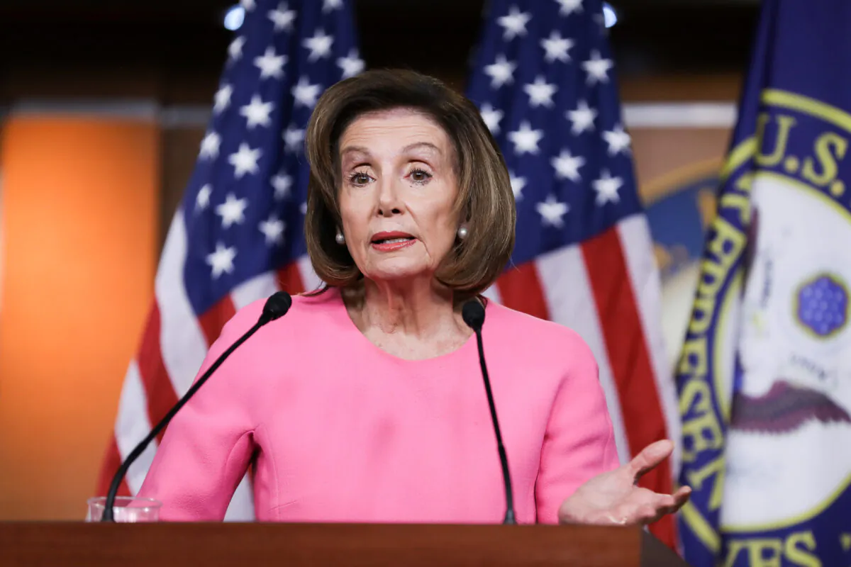 House Speaker Rep. Nancy Pelosi (D-Calif.) holds a press conference on Capitol Hill in Washington on March 26, 2020. (Charlotte Cuthbertson/The Epoch Times)