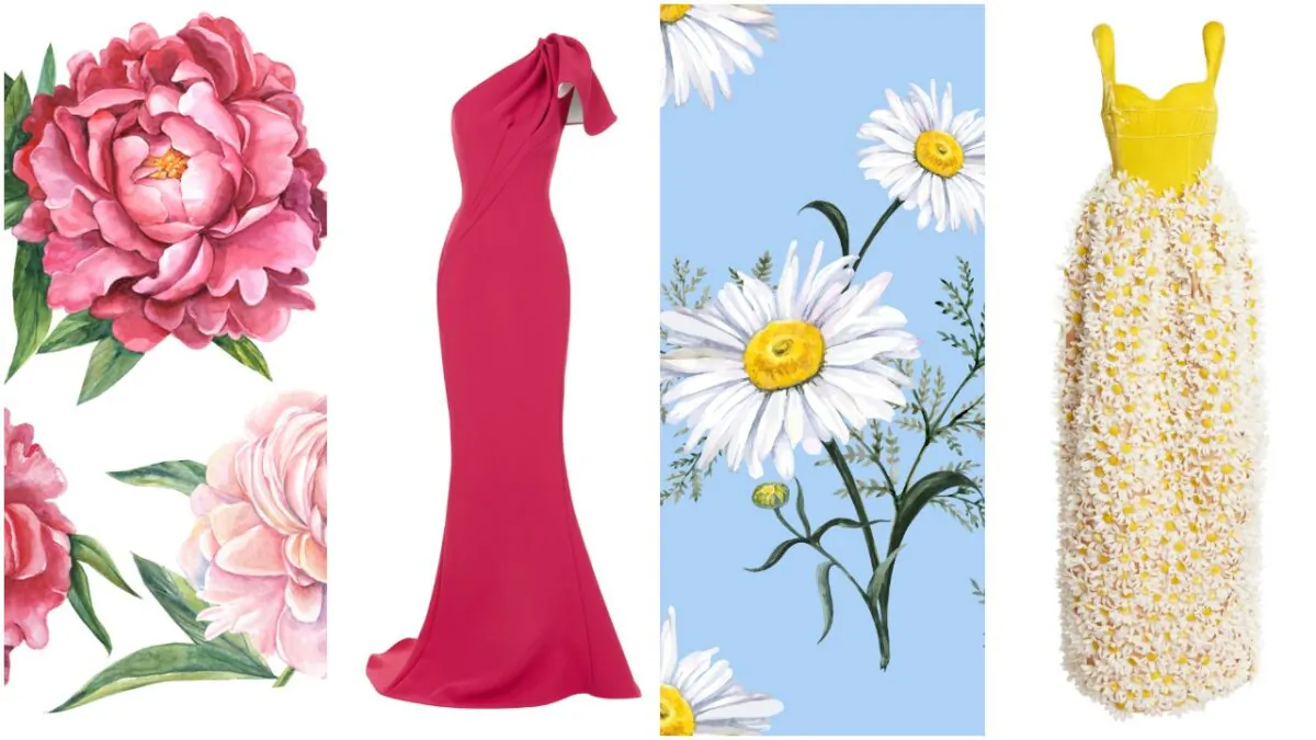 Dresses by (L) Oscar de la Renta and (R) Rosie Assoulin. (Mode Operandi. Illustrations by Olga_Koelsch/Shutterstock and Jena_Velour/Shutterstock)
