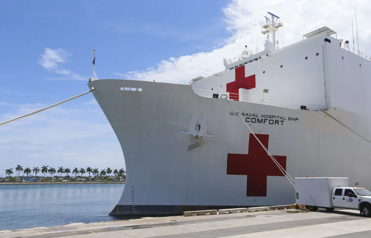 The U.S. Navy hospital ship USNS Comfort is shown docked at the Port of Miami following a tour of the vessel by U.S. Vice President Mike Pence in Miami, Florida, on June 18, 2019. (Joe Skipper/Getty Images)