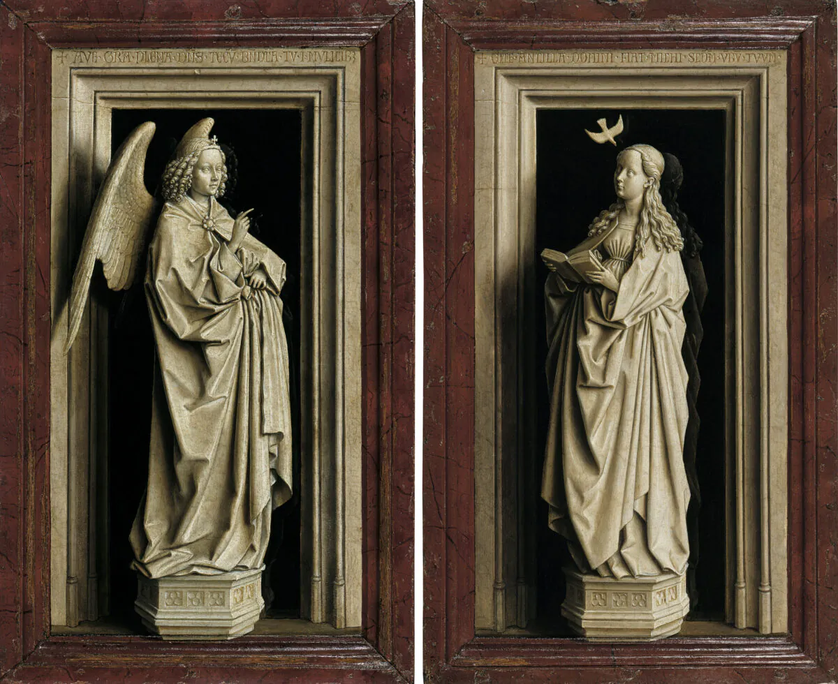The “Annunciation Diptych,” circa 1433–1435, by Jan van Eyck. Oil on panel; Left: 15.3 inches by 9.1 inches, Right: 15.3 inches by 9.4 inches. Thyssen-Bornemisza National Museum, Madrid. (Thyssen-Bornemisza National Museum, Madrid)