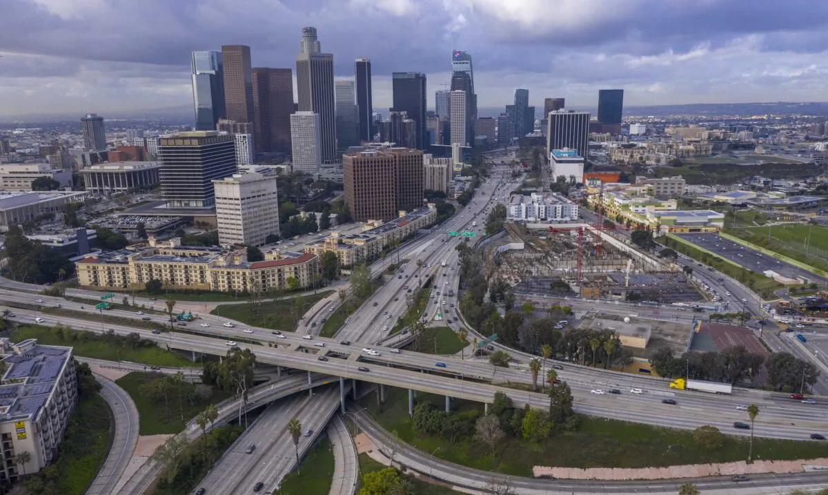 Freeway traffic flows lighter than usual on the 110 and 101 freeways before the new restrictions went into effect at midnight as the the coronavirus pandemic spread in Los Angeles on March 19, 2020. (David McNew/Getty Images)
