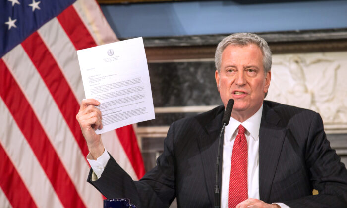 New York City Mayor Bill De Blasio speaks during a video press conference on the city's response to the COVID-19 outbreak held at City Hall in New York City on March 19, 2020. (William Farrington-Pool/Getty Images)