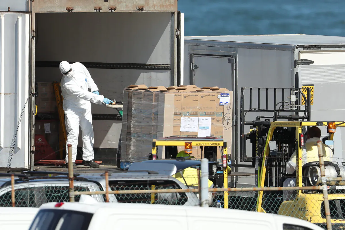 Workers are seen unloading supplies from a truck wearing protective equipment to be loaded onto the MSC Magnifica berthed at the Fremantle Passenger Terminal  in Fremantle, Australia, on March 24, 2020. (Paul Kane/Getty Images)