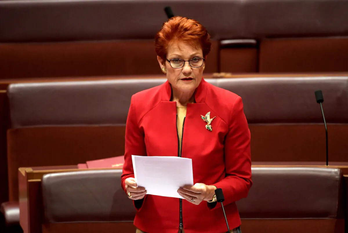 Senator Pauline Hanson in the Senate at Parliament House in Canberra, Australia on July 4, 2019.(Tracey Nearmy/Getty Images)