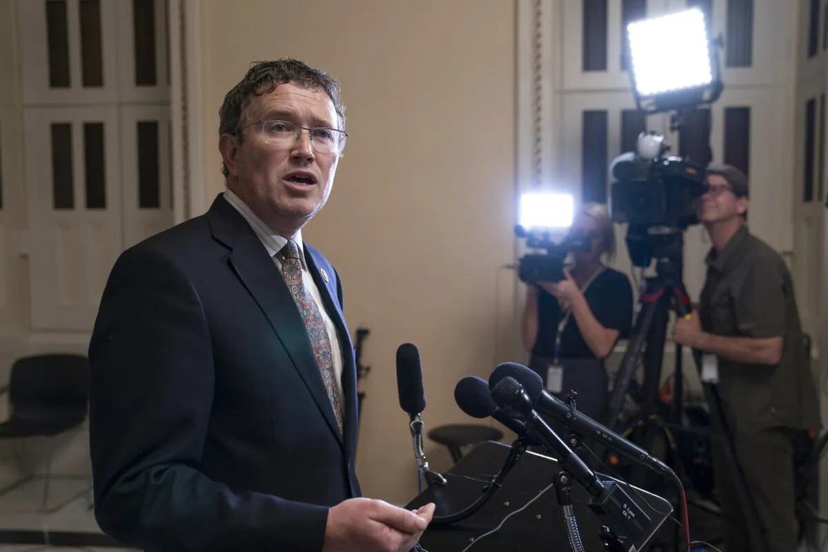 Rep. Thomas Massie (R-Ky.) speaks to reporters at the U.S. Capitol after he blocked a unanimous consent vote on a long-awaited hurricane disaster aid bill in the chamber on May 28, 2019. (J. Scott Applewhite/AP Photo)
