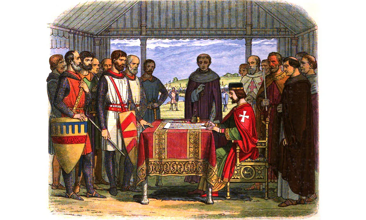 A romanticised 19th-century recreation by James William Edmund Doyle of England's King John (seated R) signing the Magna Carta at Runnymede. (in "A Chronicle of England"/Wikimedia Commons)