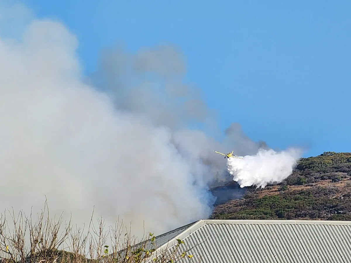 A waterbomber plane drops water on a bush fire in Albany, Western Australia, on Jan. 29, 2024. (Susan Mortimer/The Epoch Times)