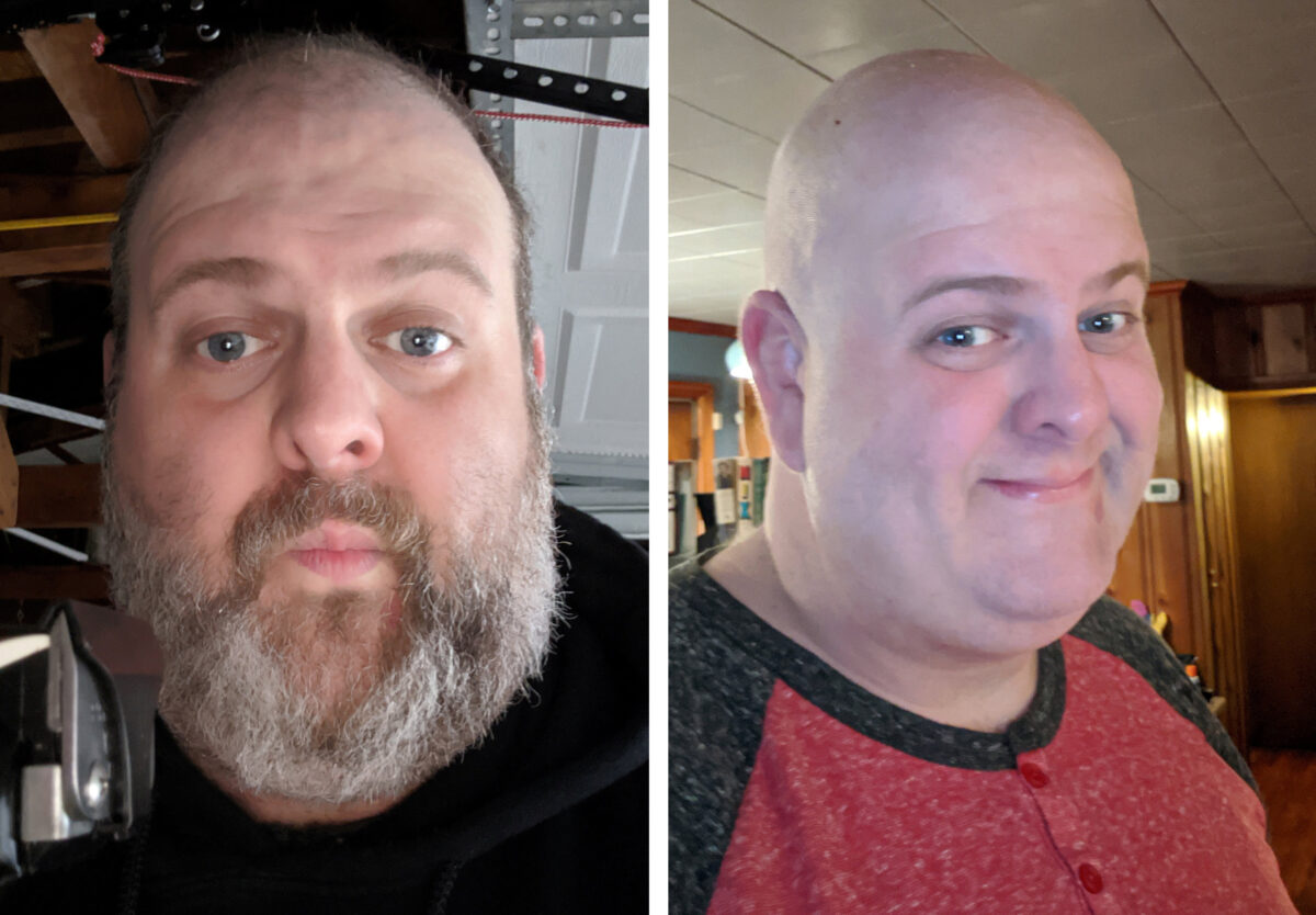 Selfies of Ed Maudlin taken before and after he shaved his beard during a lockdown to prevent the spread of the virus in Indianapolis, on March 24, 2020. (Ed Maudlin/Handout via REUTERS)