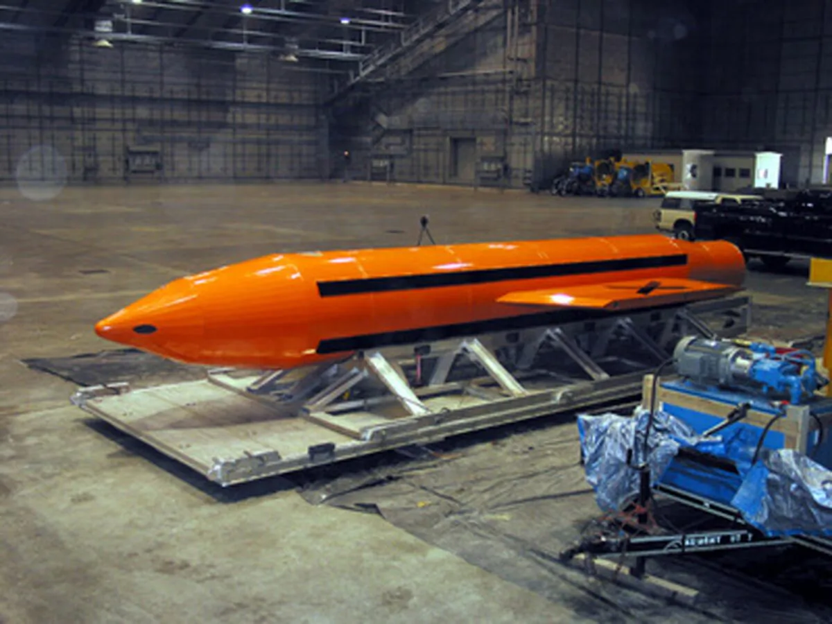 In this handout provided by the Department of Defense (DoD), a Massive Ordnance Air Blast (MOAB) weapon, a precision-guided munition weighing 21,500 pounds, at the Eglin Air Force Armament Center in Valparaiso, Fla. on March 11, 2003. (DoD via Getty Images)