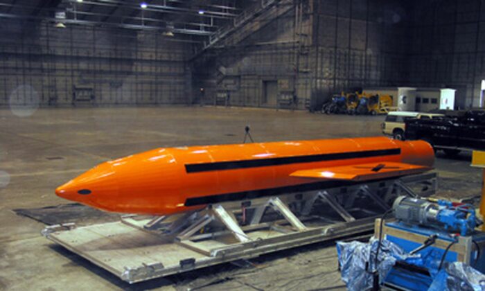 In this handout provided by the Department of Defense (DoD), a Massive Ordnance Air Blast (MOAB) weapon, a precision-guided munition weighing 21,500 pounds, at the Eglin Air Force Armament Center in Valparaiso, Fla. on March 11, 2003. (DoD via Getty Images)