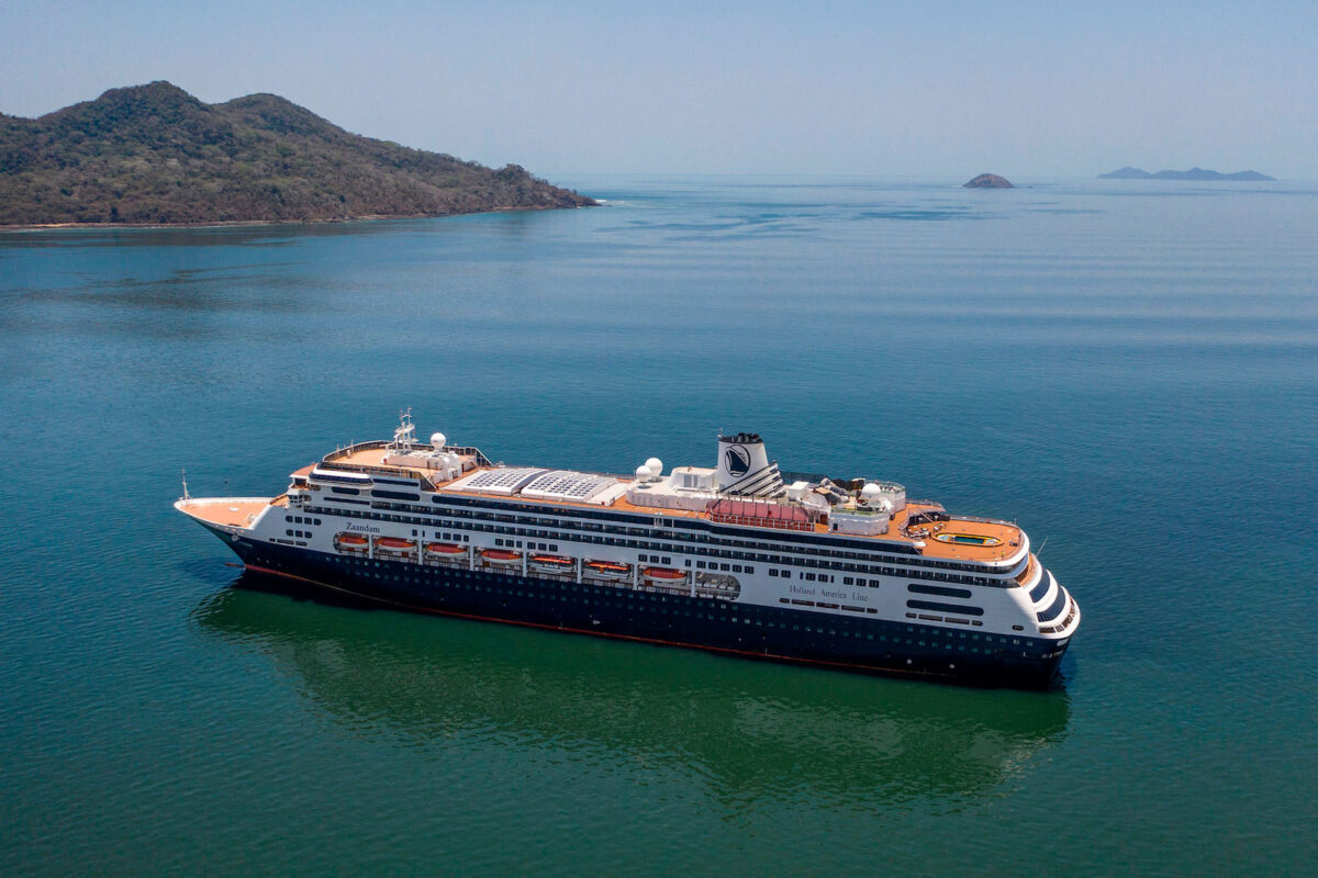 Aerial view of Holland America's cruise ship Zaandam as it entered the Panama City bay to be assisted by the Rotterdam cruise ship with supplies,