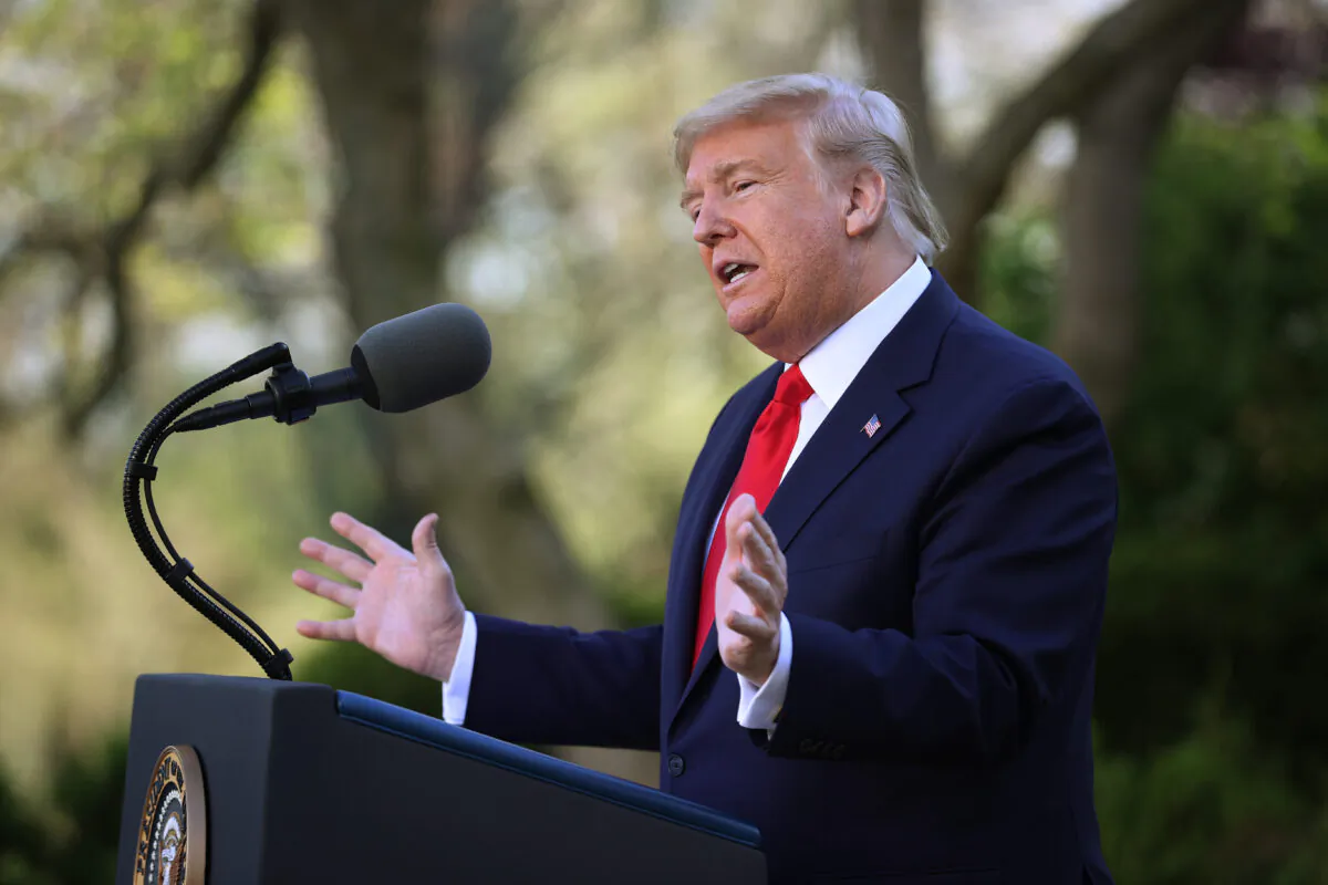 President Donald Trump speaks during the daily CCP virus briefing at the Rose Garden of the White House in Washington on March 30, 2020. (Win McNamee/Getty Images)