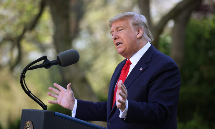 President Donald Trump speaks during the daily CCP virus briefing at the Rose Garden of the White House in Washington on March 30, 2020. (Win McNamee/Getty Images)