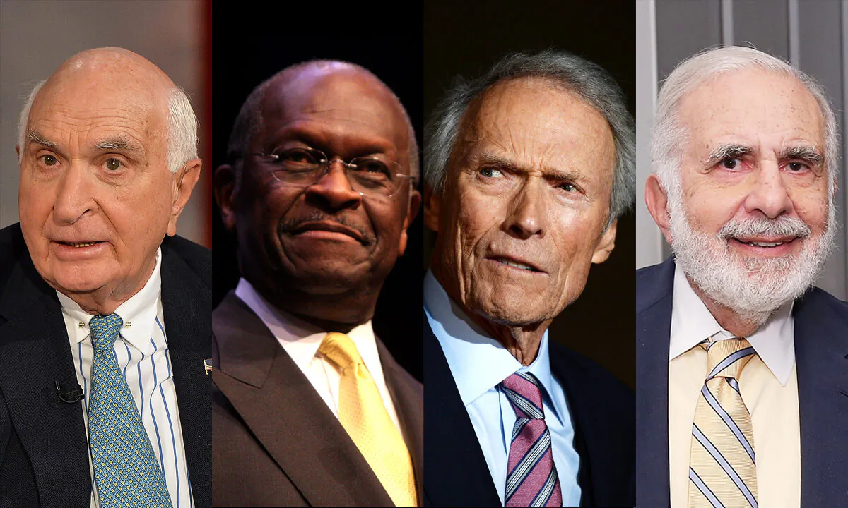 (L-R) Ken Langone (Slaven Vlasic/Getty Images); Herman Cain (Gage Skidmore/Wikimedia Commons); Clint Eastwood (Amanda Edwards/Getty Images); and Carl Icahn (Neilson Barnard/Getty Images for New York Times)