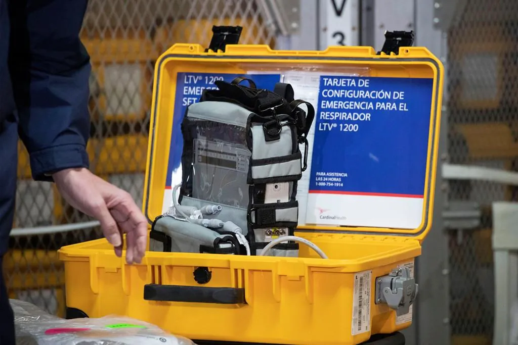 A ventilator is displayed during a news conference on March 24, 2020 at the New York City Emergency Management Warehouse, where 400 ventilators have arrived and will be distributed. Hundreds of ventilators are now in production as part of the federal government's efforts to shore up national stockpiles of crucial equipment needed to fight COVID-19. (Mark Lennihan/The Canadian Press via AP)
