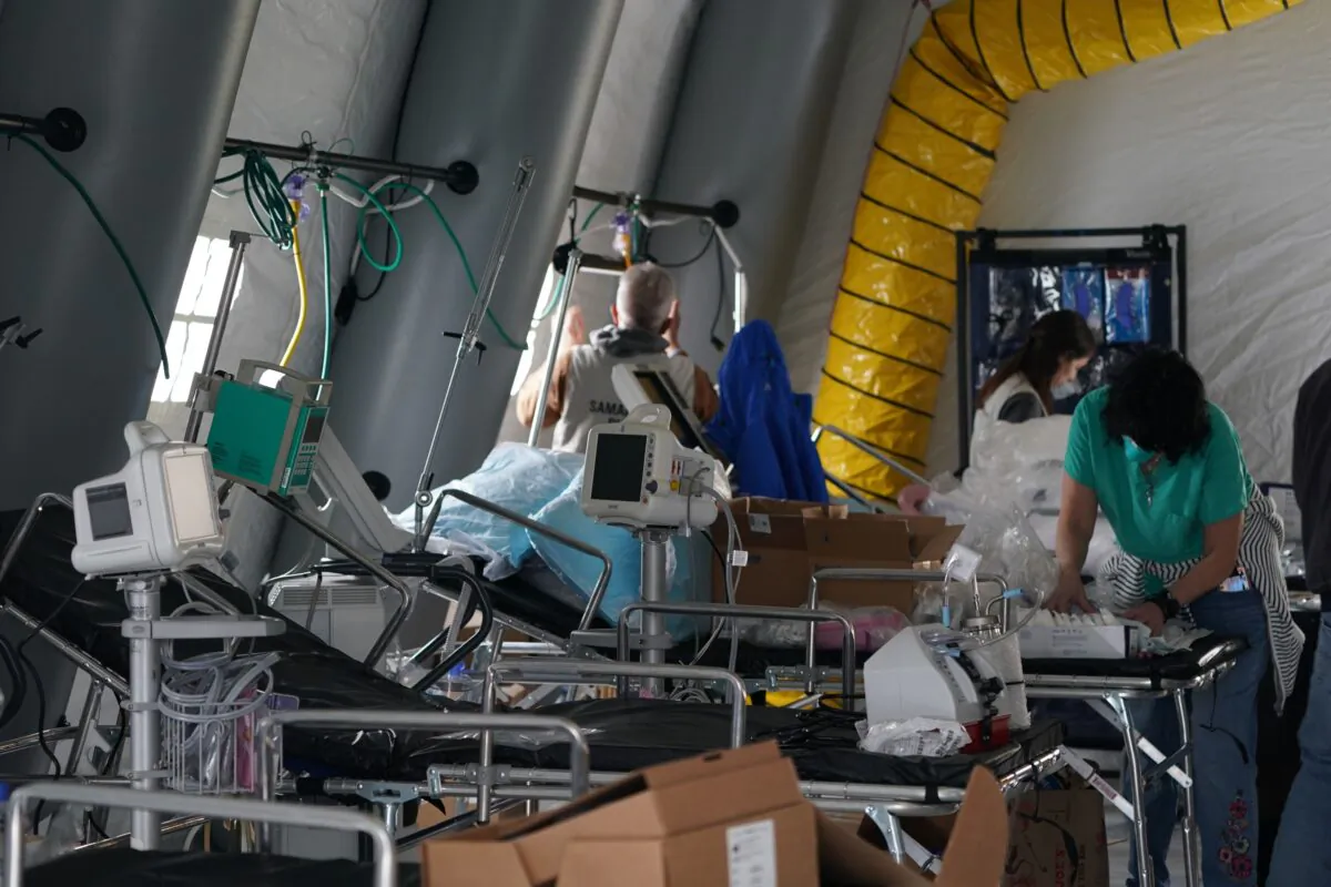 Medical supplies and beds in a tent where volunteers set up an Emergency Field Hospital in Central Park on March 30, 2020. (Bryan R. Smith / AFP via Getty Images)