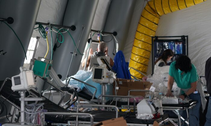 Medical supplies and beds in a tent where volunteers set up an Emergency Field Hospital in Central Park on March 30, 2020. (Bryan R. Smith / AFP via Getty Images)