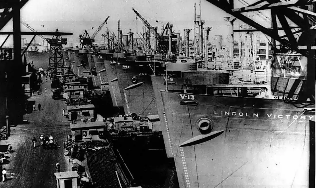 Victory ships being fitted out at the Calship yard, Wilmington, Calif., between April 27 and May 30, 1944. (Public Domain)