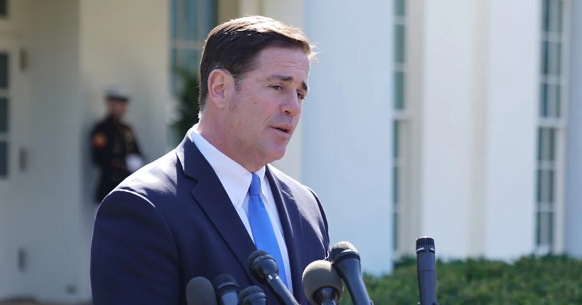 Arizona Gov. Doug Ducey talks to reporters after meeting with President Donald Trump at the White House in Washington on April 3, 2019. (Chip Somodevilla/Getty Images)