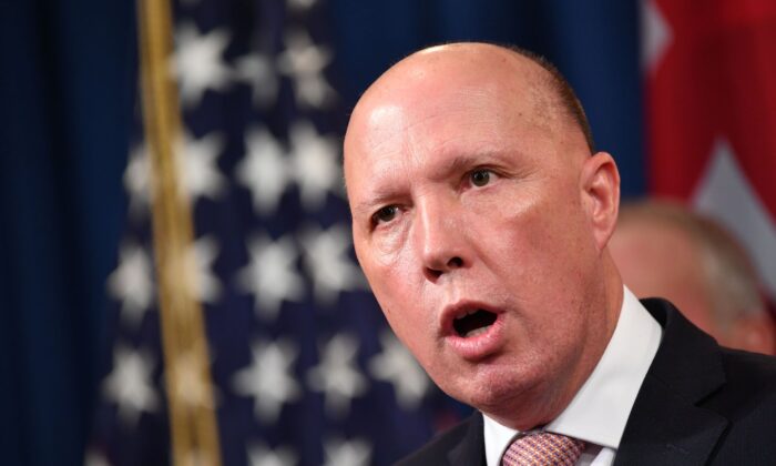 Australia's Minister for Home Affairs Peter Dutton during a press conference at the Department of Justice in Washington, on March 5, 2020. (Mandel Ngan/AFP via Getty Images)