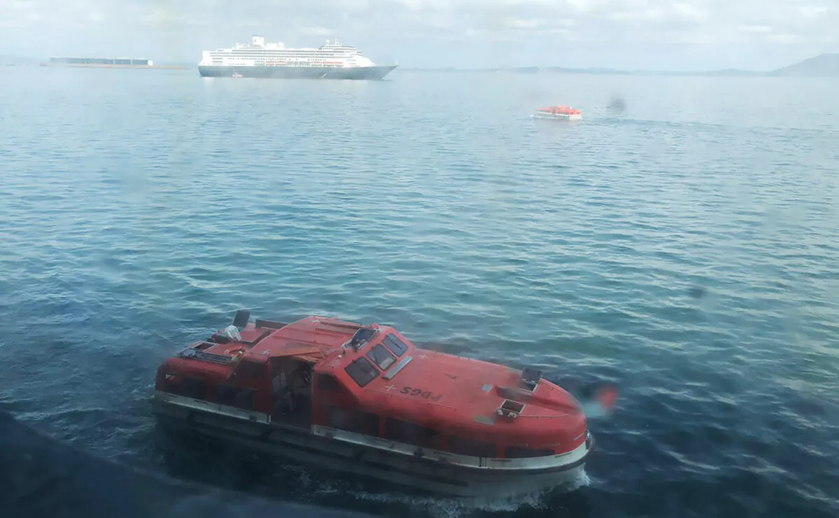 A tender approaches the Zaandam, a Holland America cruise ship off Panama, on March 28,2020. (Juan Huergo via AP)